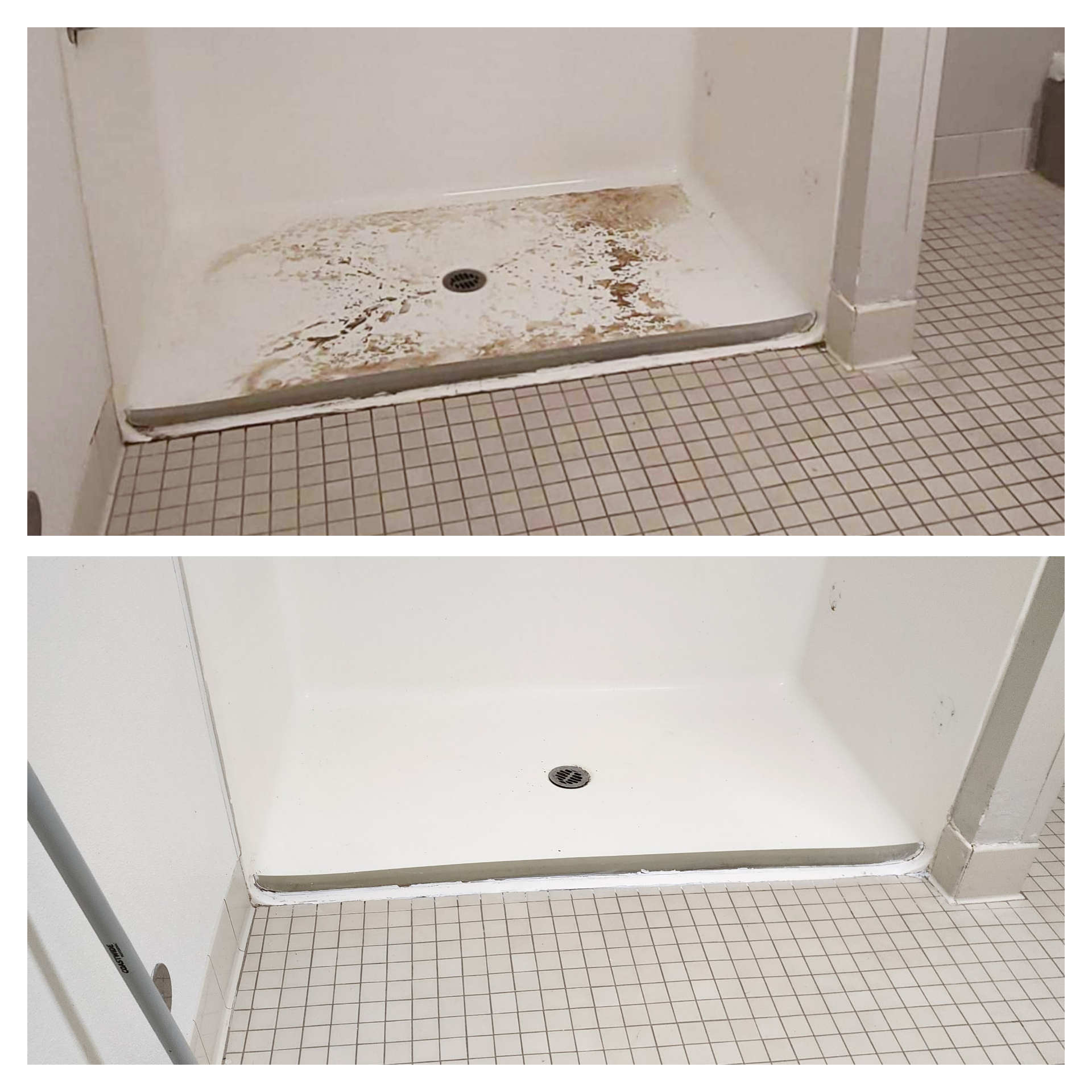 Shower pan with damaged grout and calcium buildup requiring restoration