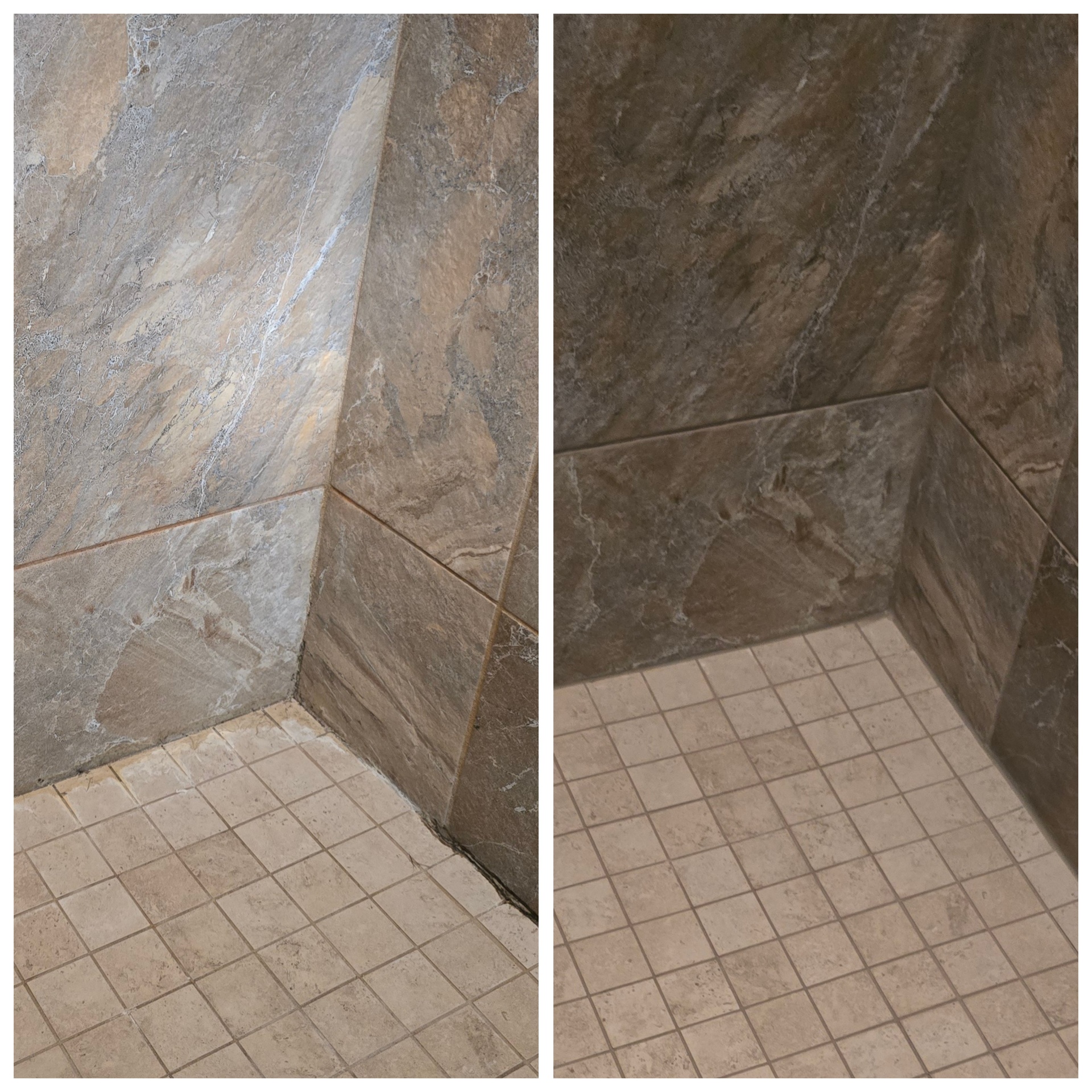Before and after restoration of a natural stone shower corner in Arizona showing dirty grout lines, dull etched stone tiles, and a darkened wall to floor joint transformed into clean grout, restored stone polish, and a bright sealed corner