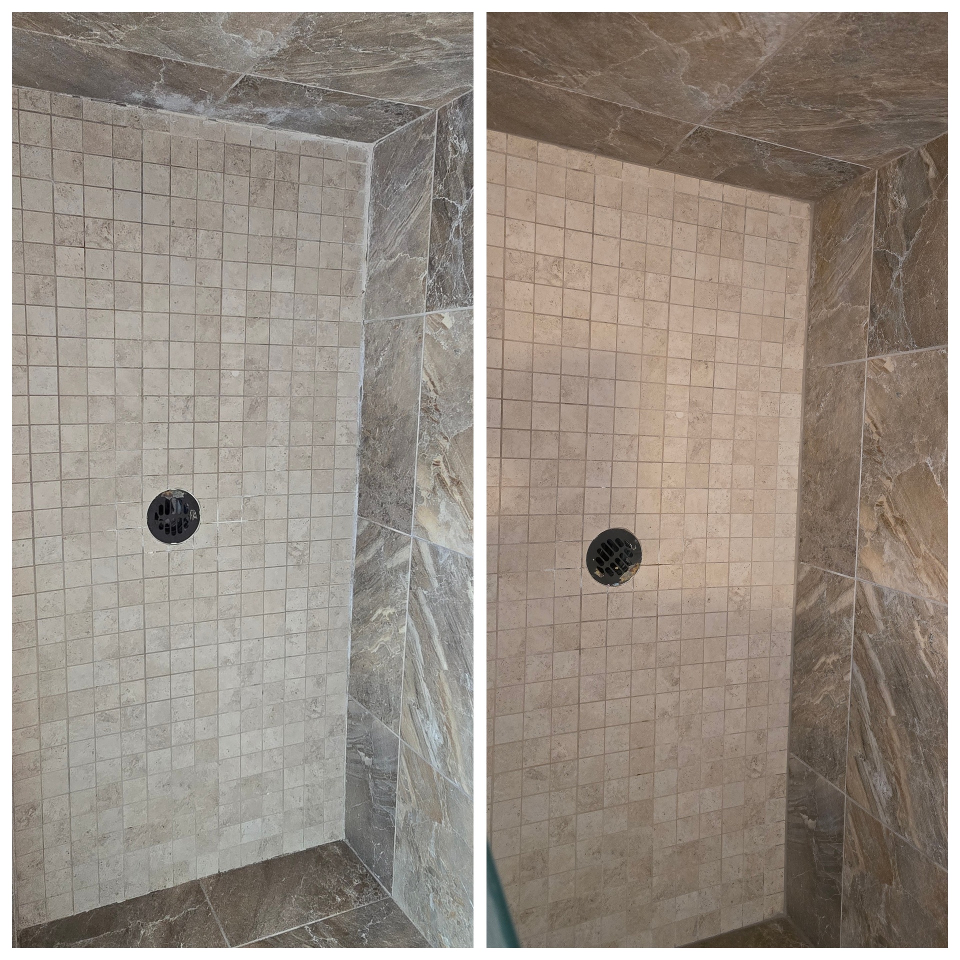 Before and after restoration of an Arizona porcelain mosaic shower floor with natural stone walls showing crumbling grout, mineral haze, and corroded drain transformed into a clean, sealed, like-new finish