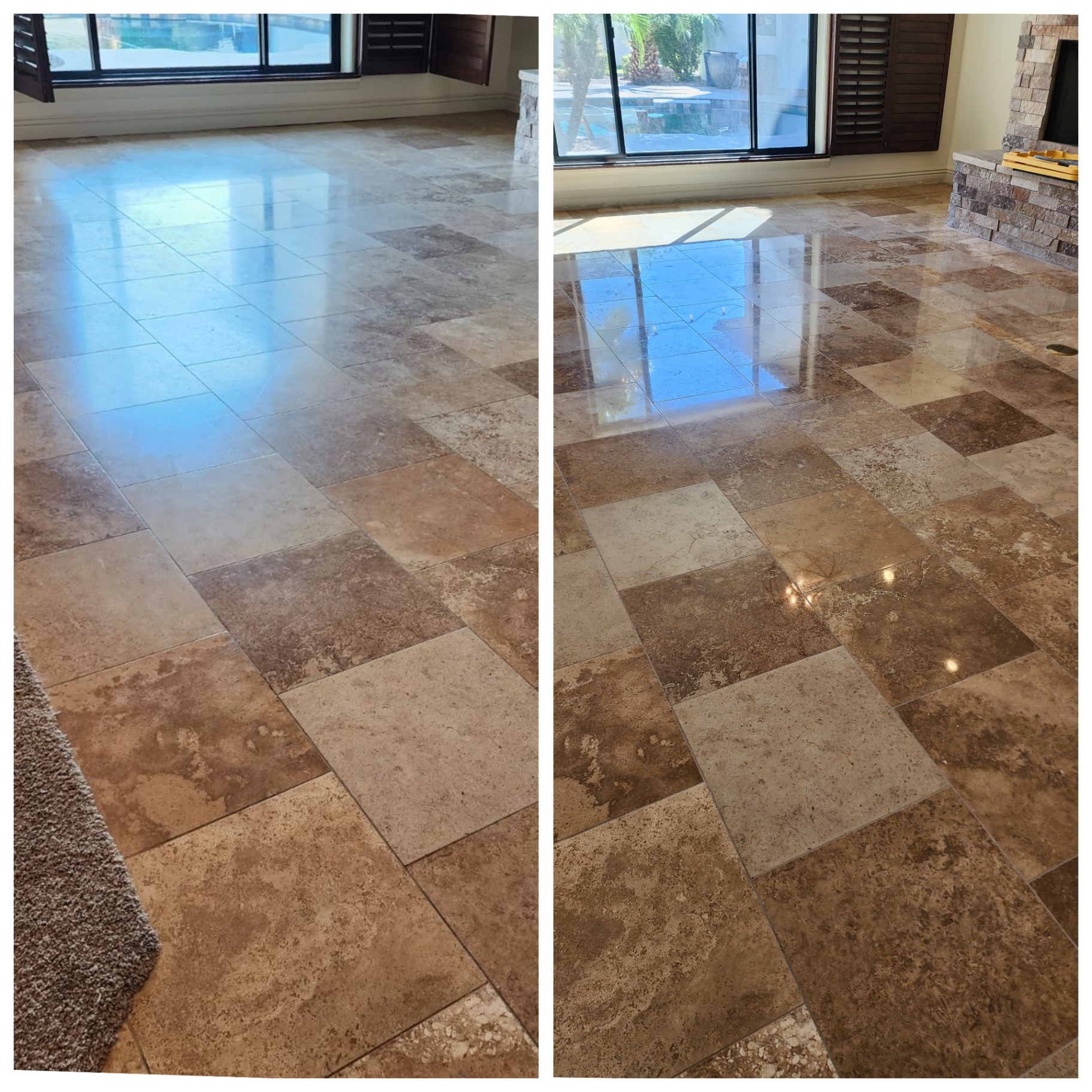 Travertine floor polishing before and after near fireplace in Arizona luxury home