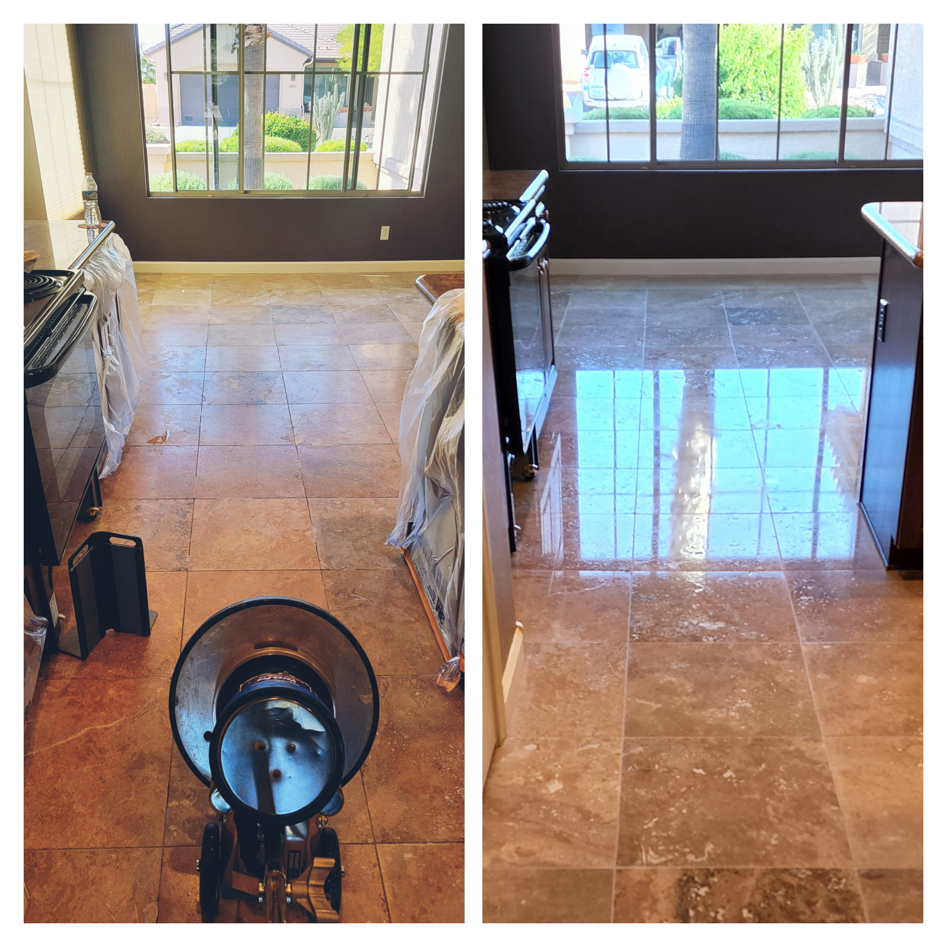 Travertine kitchen floor grinding and polishing before and after in Arizona home