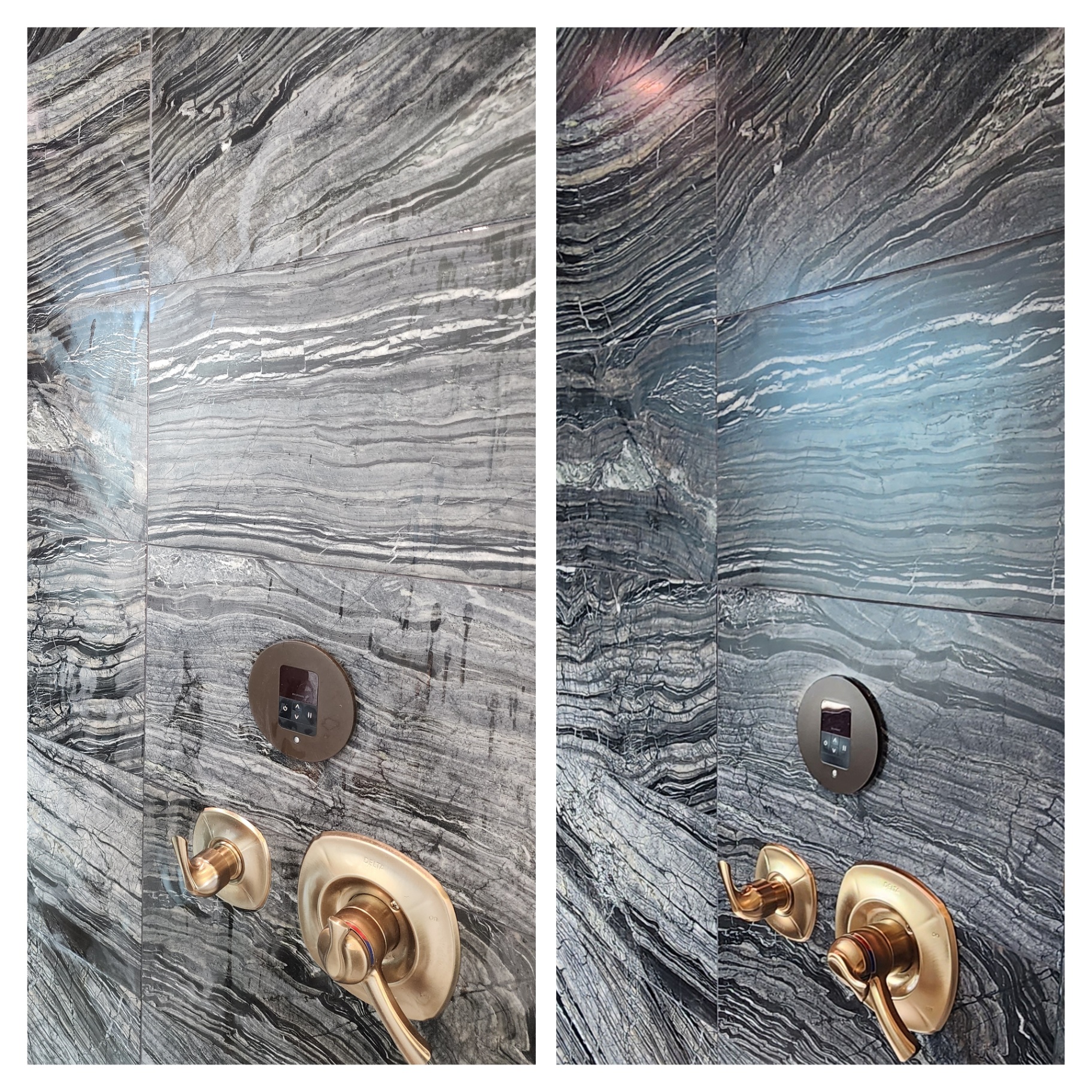 Natural stone shower wall after professional polishing and sealing