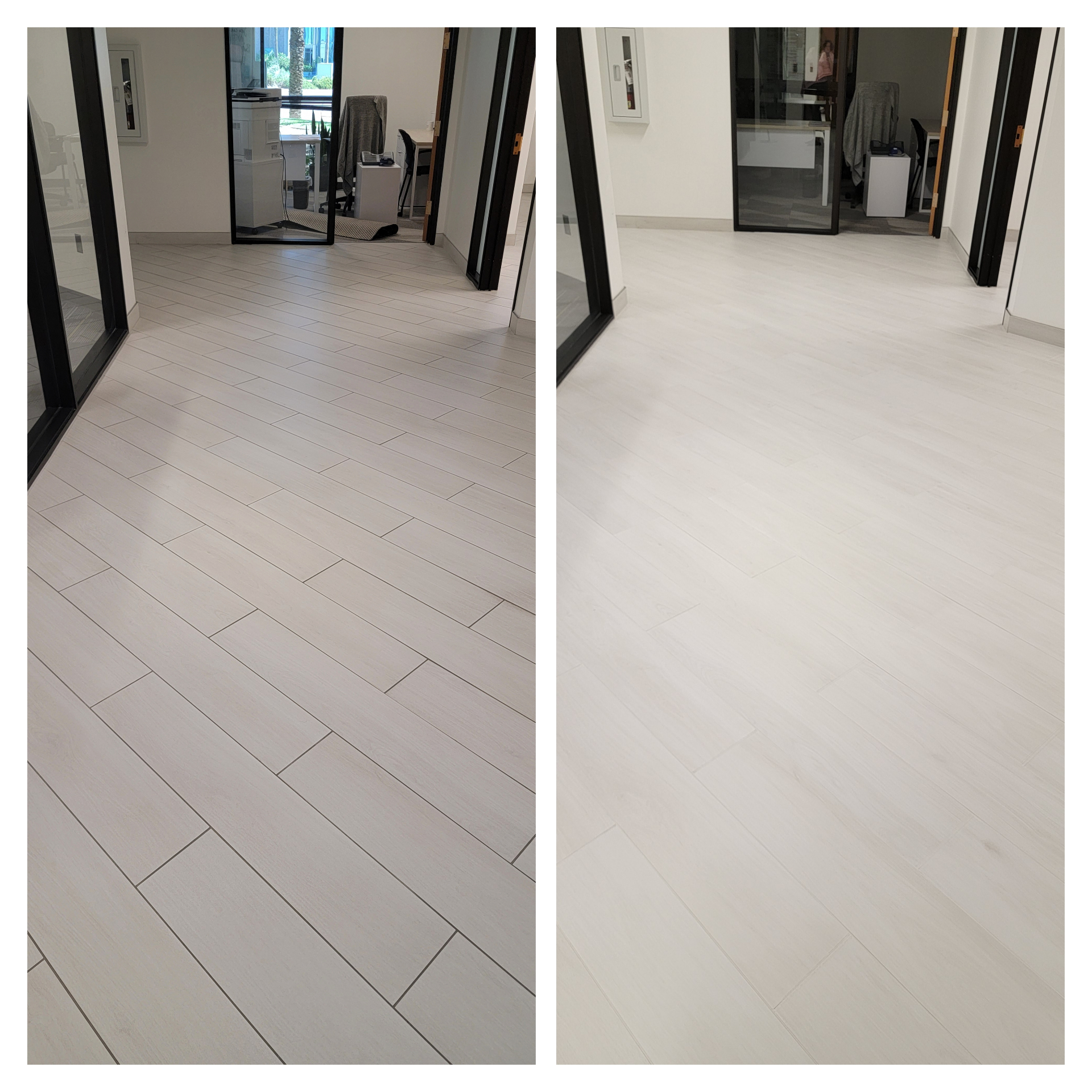 Before and after residential tile floor grout cleaning showing dramatic transformation