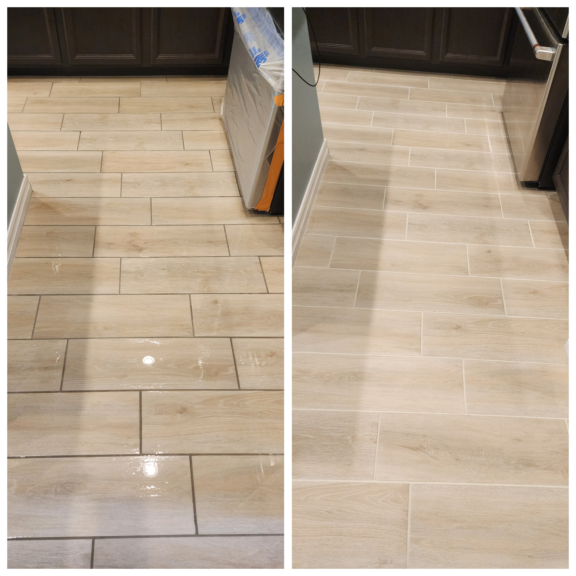 Kitchen tile floor before and after professional grout cleaning and color sealing in Mesa Arizona