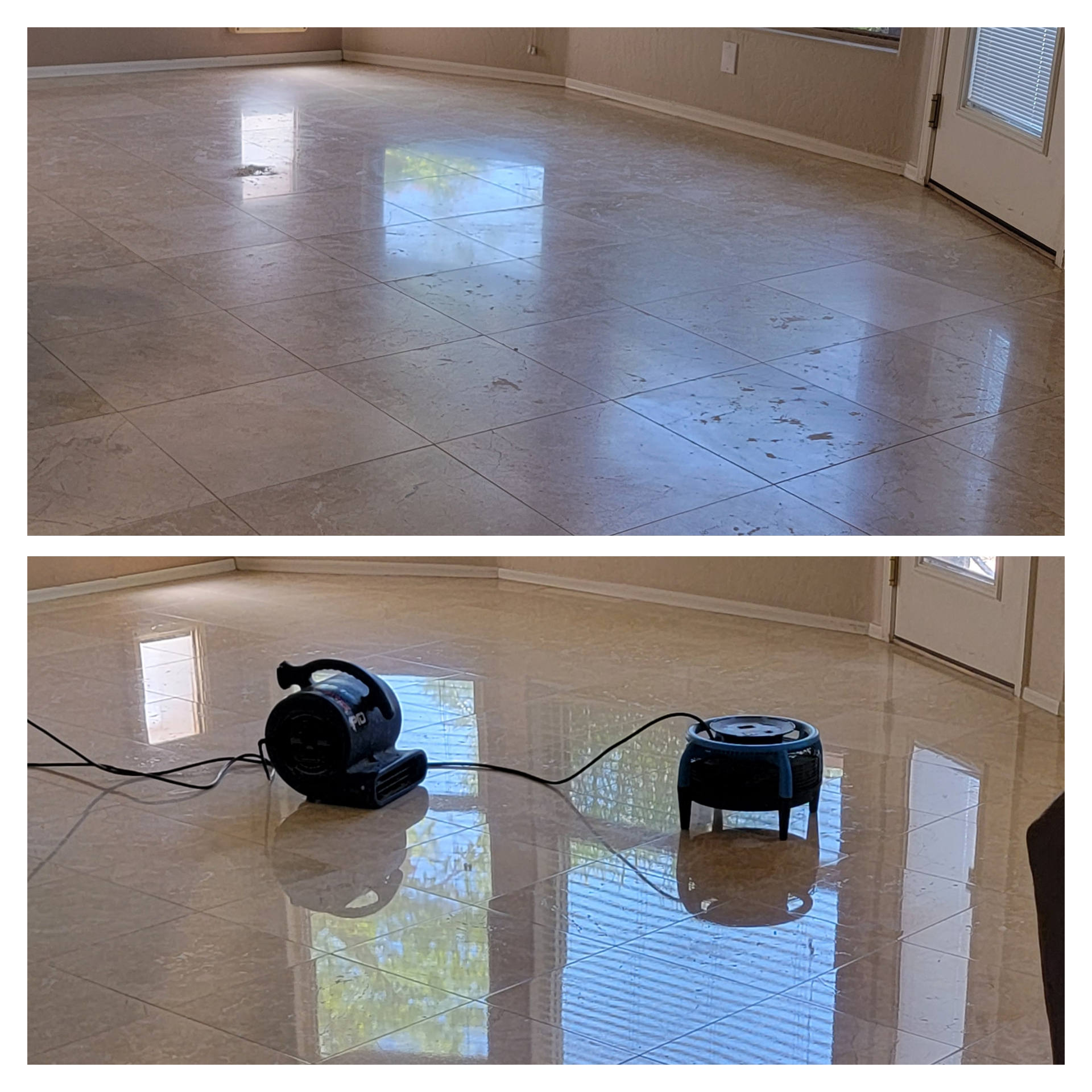 Before and after travertine floor polishing and restoration in Arizona home