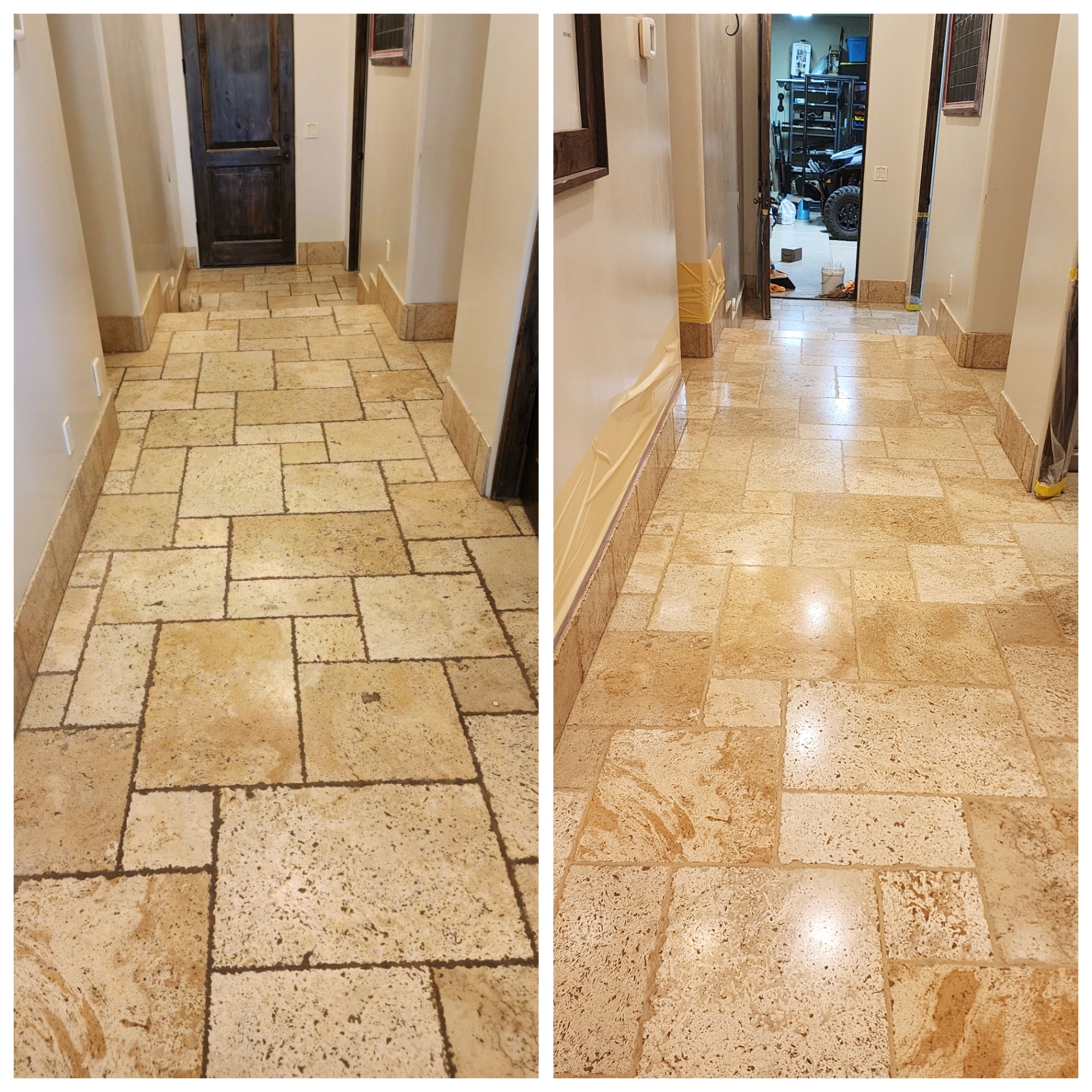 Travertine hallway in a Gilbert AZ home with restored polished surface and color-sealed grout